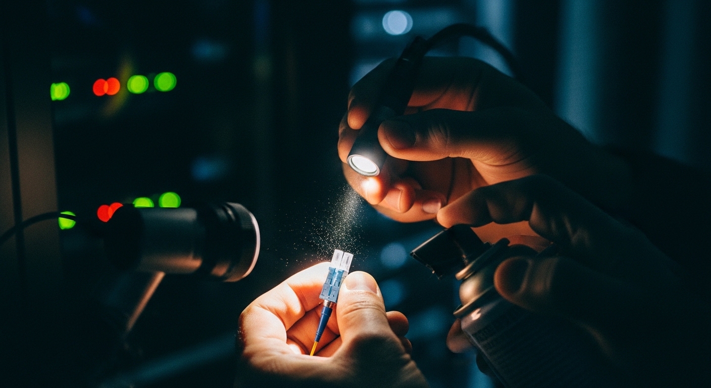 Realistic lifestyle scene in a server room at night, maintenance technician using a fiber inspection scope and compressed air