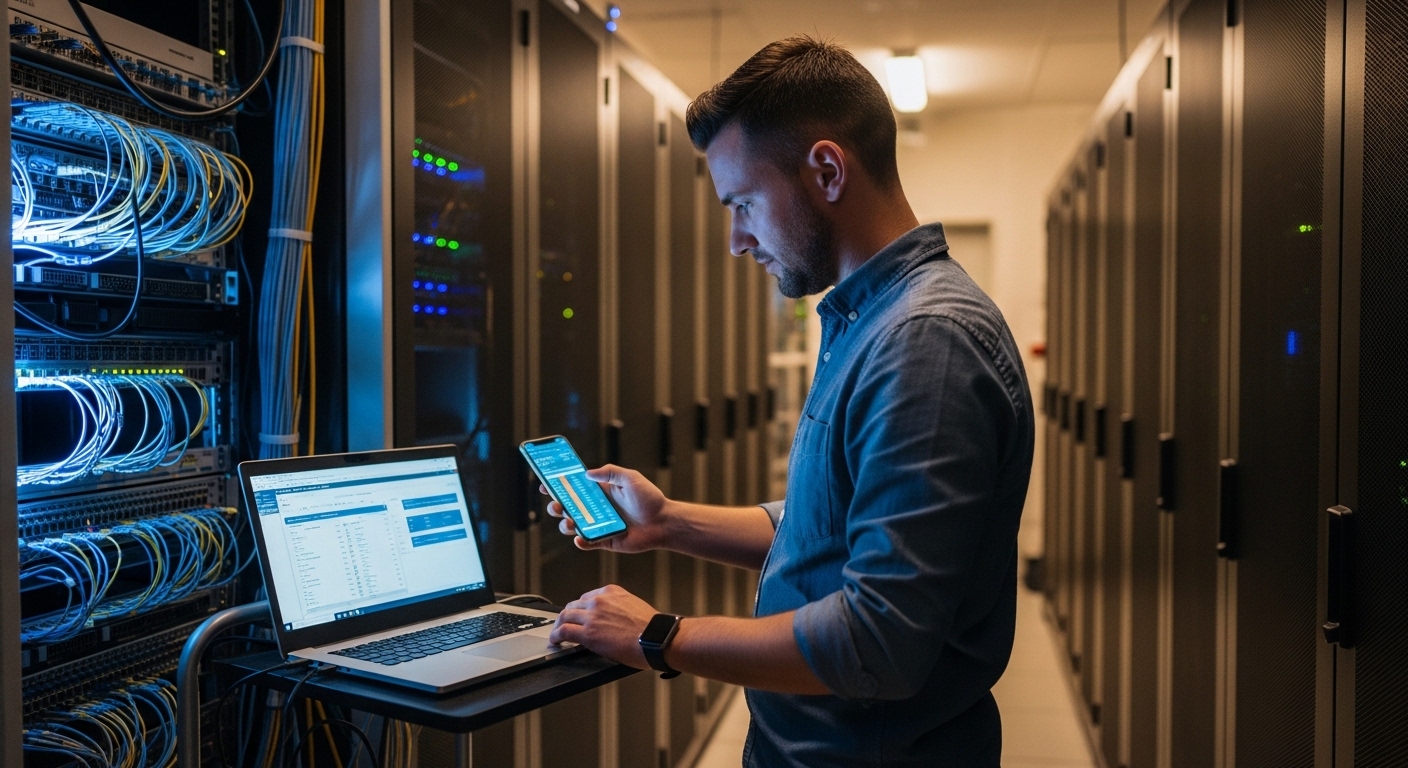 Lifestyle-style photo of an engineer at a laptop in a server room, holding a smartphone for DOM telemetry screenshots while s