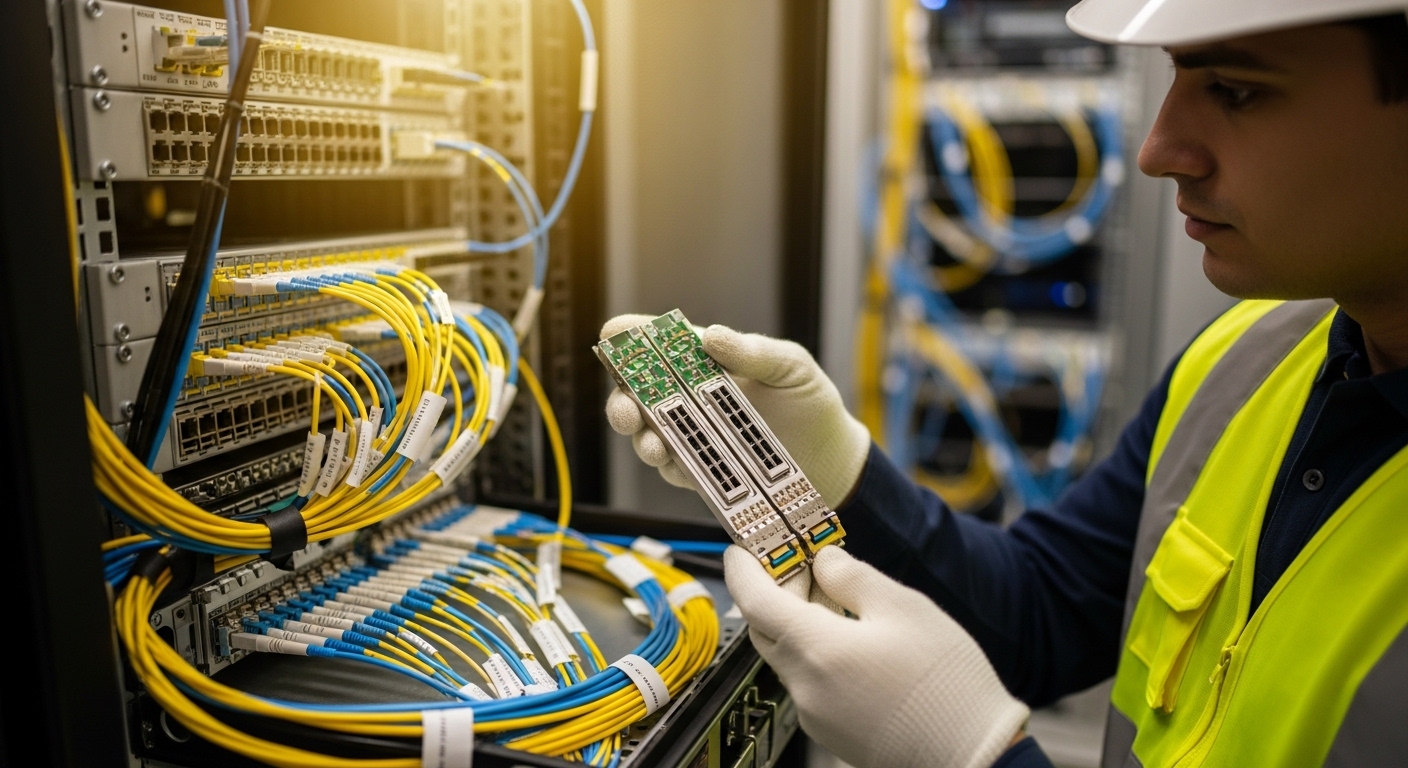 A high-resolution photography scene inside a telecom equipment room: a technician in safety vest and hard hat holding a 400G 
