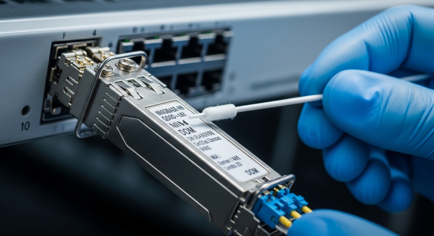 A photorealistic close-up of an 800G pluggable optical transceiver seated in a switch port, hands wearing nitrile gloves hold
