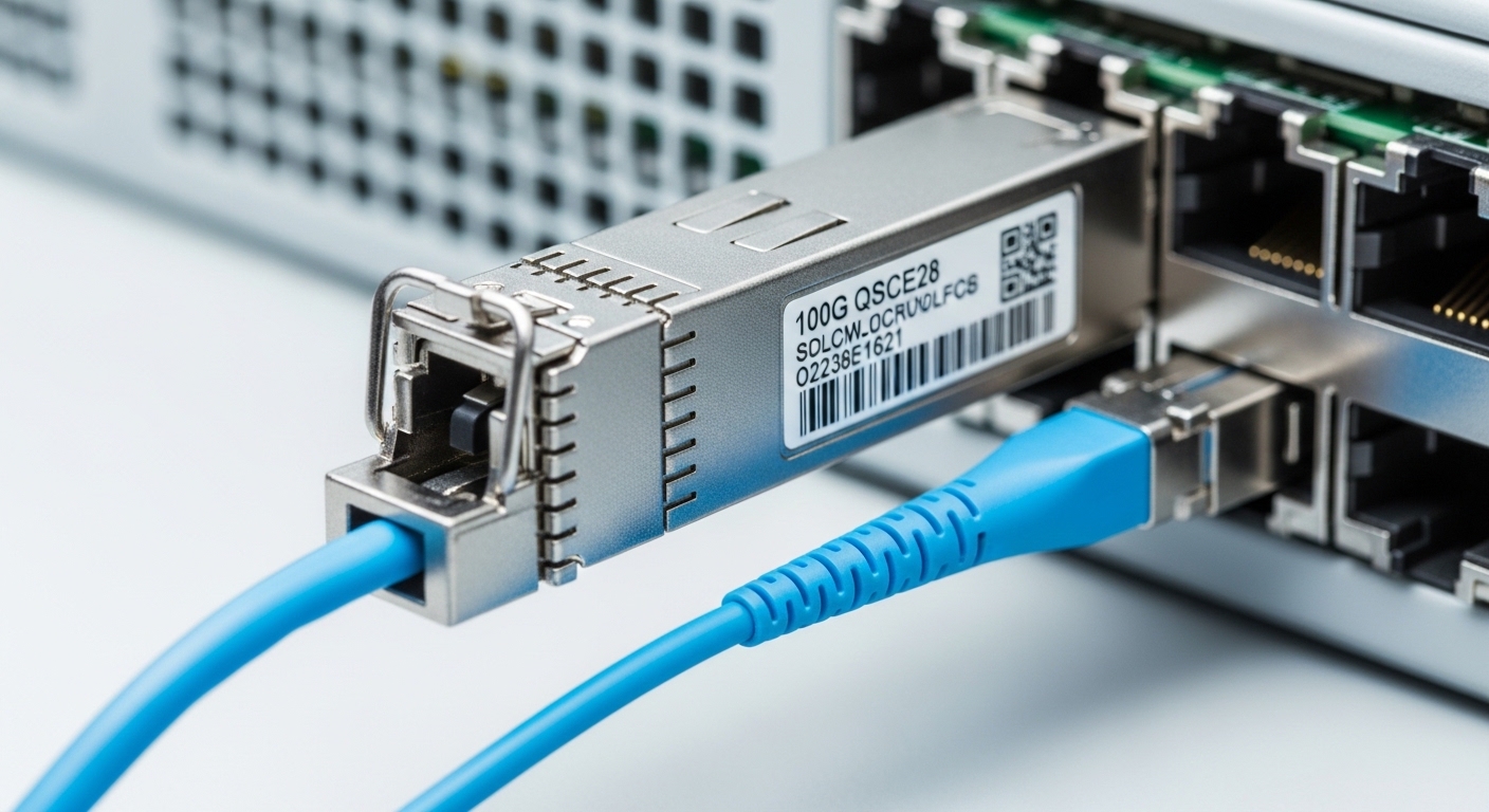 Photorealistic close-up of a 100G QSFP28 optical transceiver plugged into a high-density Ethernet switch port, showing the la