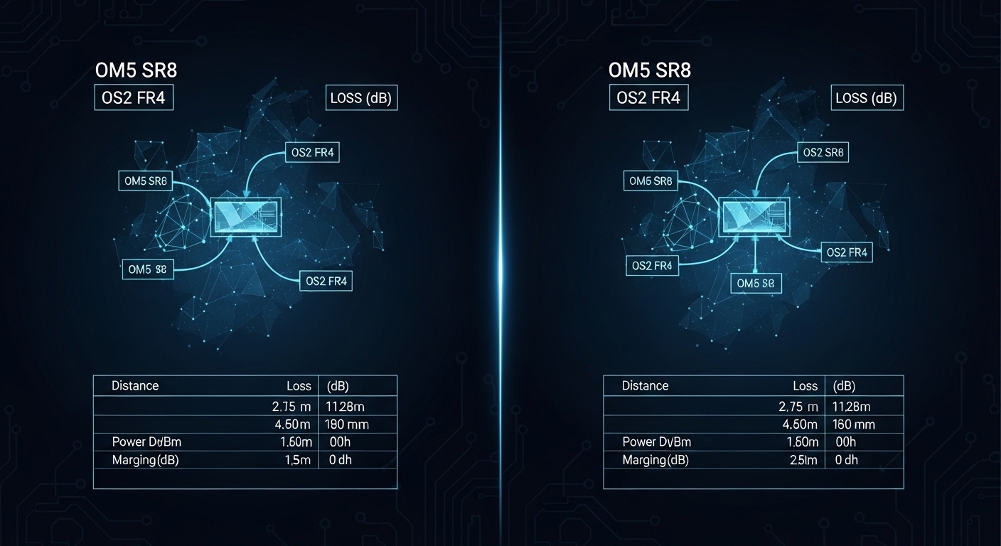 Concept art illustration showing a split-screen “optical budget” meter overlay on a fiber link map: left side multimode OM5 S