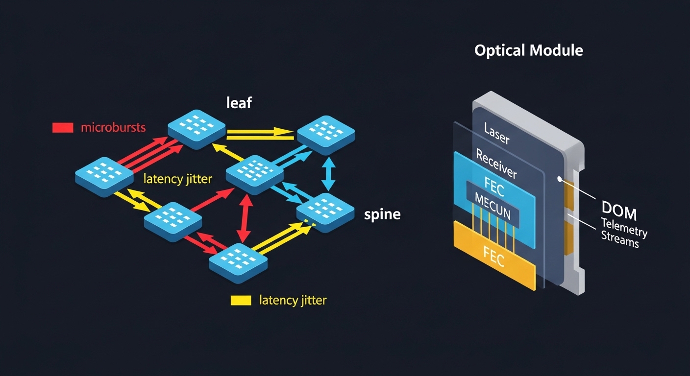 Vector illustration showing a leaf-spine topology with colored arrows labeled “microbursts” and “latency jitter,” plus a simp