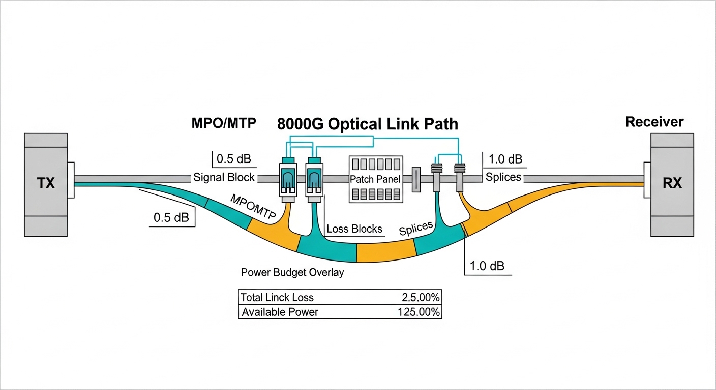 An engineering illustration showing a simplified 800G optical link path with TX, RX, MPO/MTP connectors, patch panel, splices