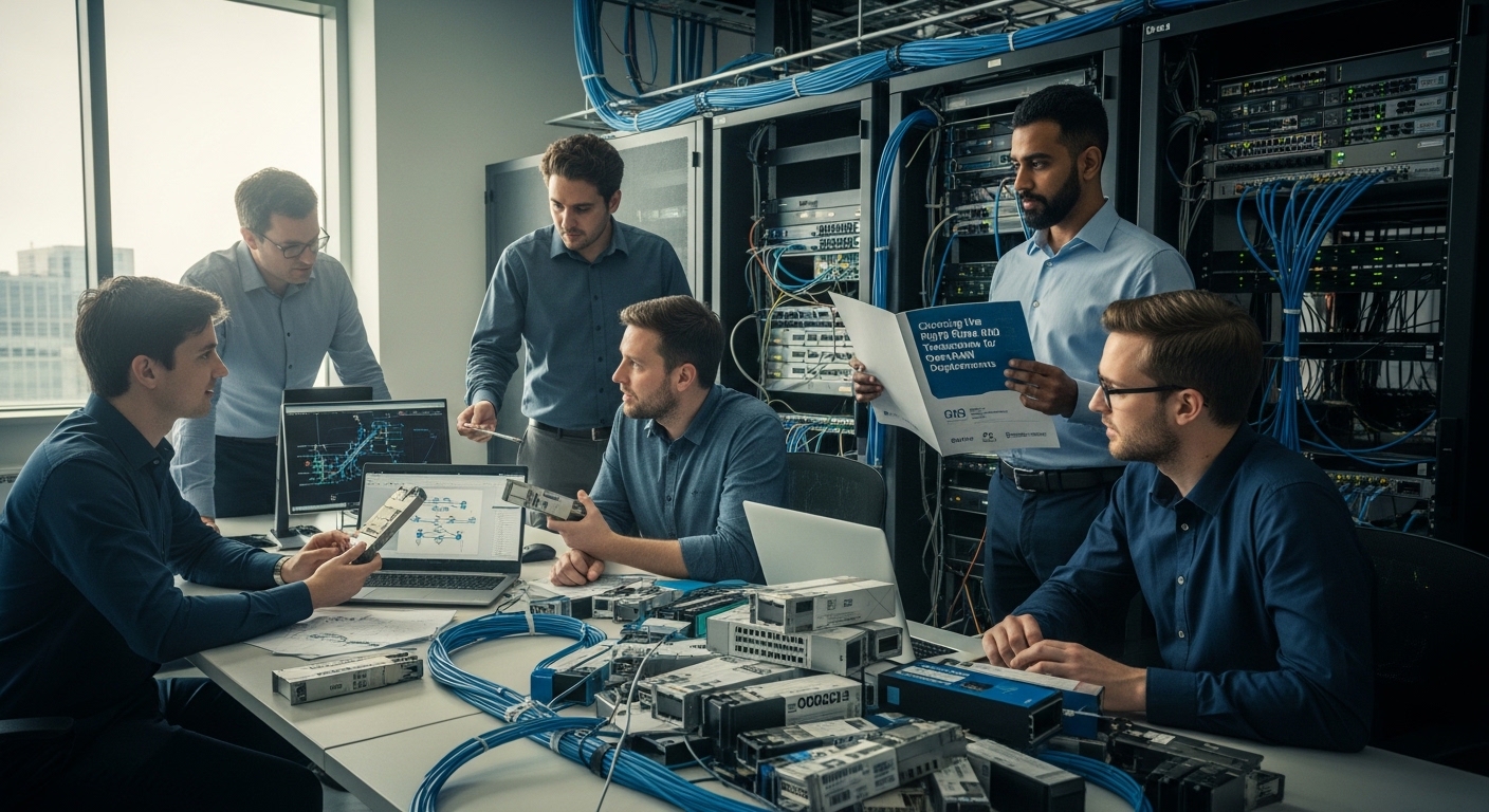 Documentary-style photo of Open RAN, Choosing the Right 400G Transceivers for Open RAN Deployments, natural lighting, authent