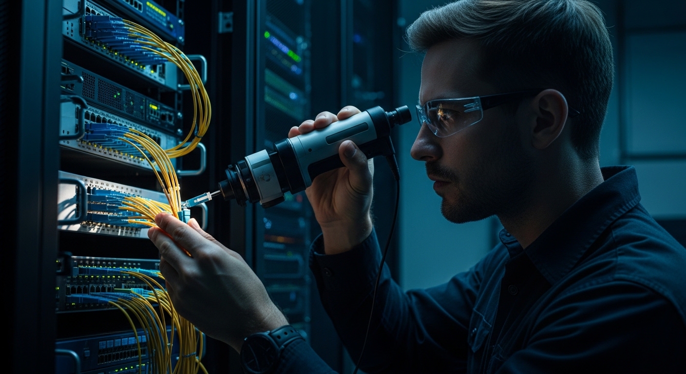 Dark, cinematic lifestyle scene in a server room at night: a technician with a fiber inspection microscope checks an MPO conn