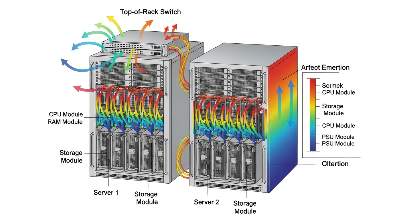 Document-style diagram of a server rack and top-of-rack switch, with airflow arrows, labeled module cages, and a small therma