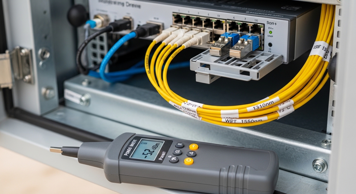 A photorealistic close-up photo of a rugged edge compute rack in a semi-outdoor cabinet, showing fiber patch cords labeled wi
