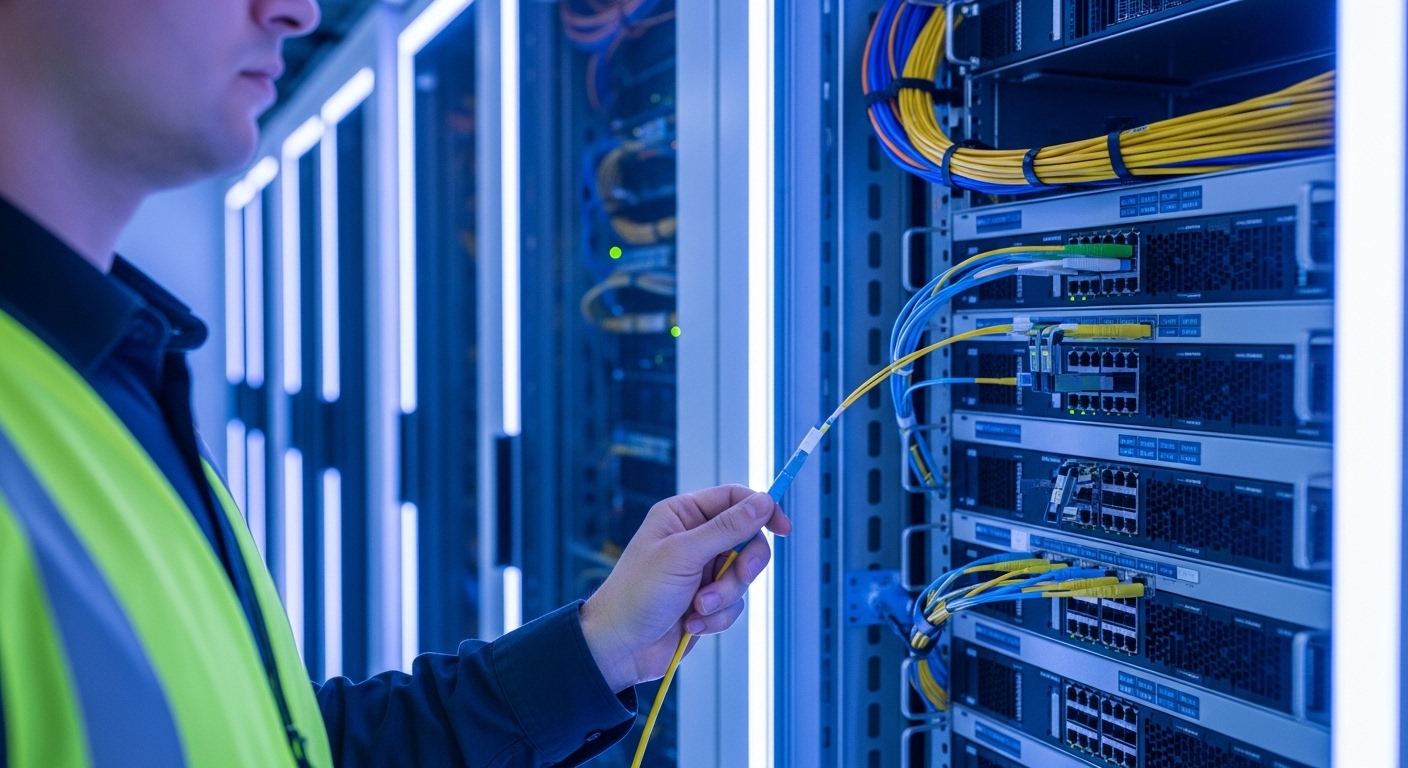 Ultra-realistic photography inside a modern AI data center aisle; a technician in safety vest holds a fiber patch cable while
