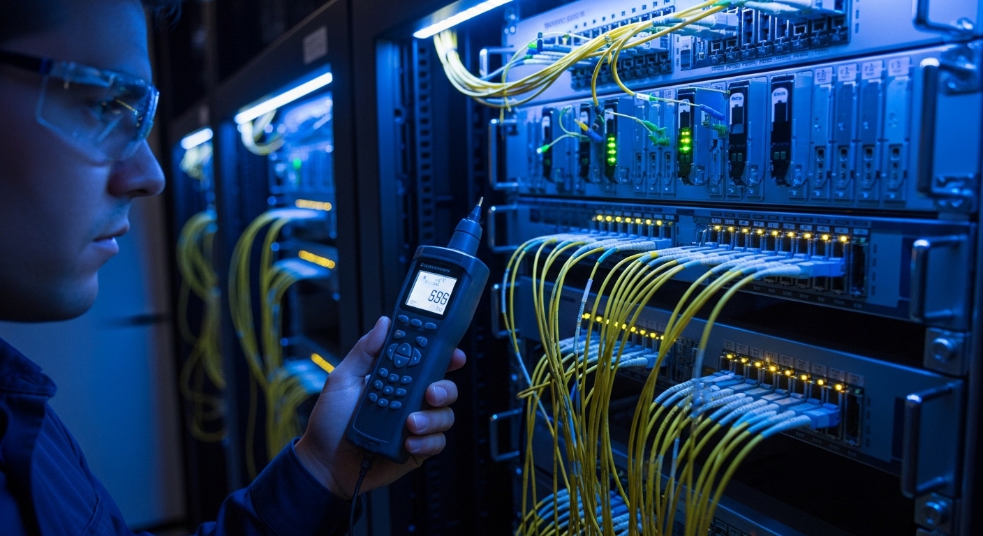 A realistic photography scene inside a telecom equipment room, rack-mounted optical line cards with small pluggable transceiv