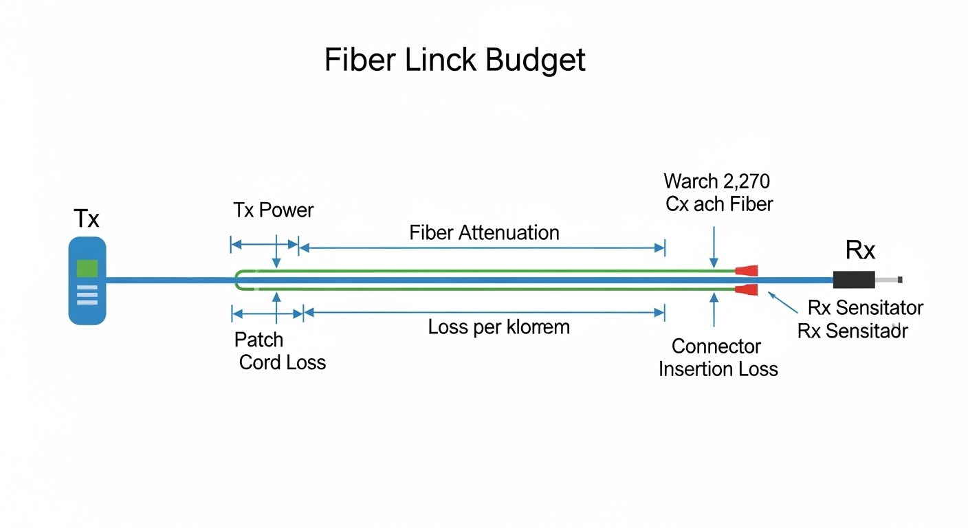 Clean technical illustration showing a fiber link budget diagram with callouts for Tx power, fiber attenuation, patch cord lo