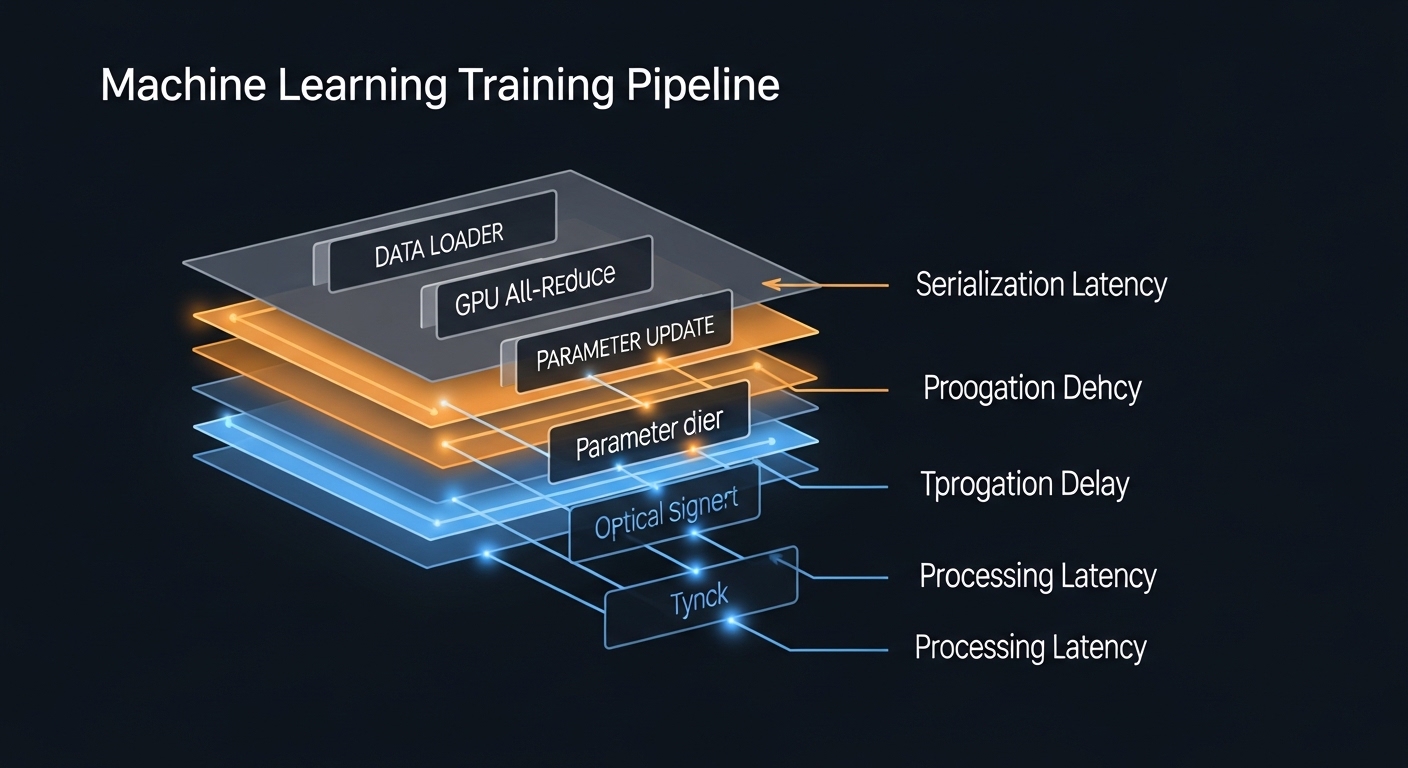 Conceptual illustration, clean vector style; a layered diagram showing a machine learning training pipeline (data loader, GPU
