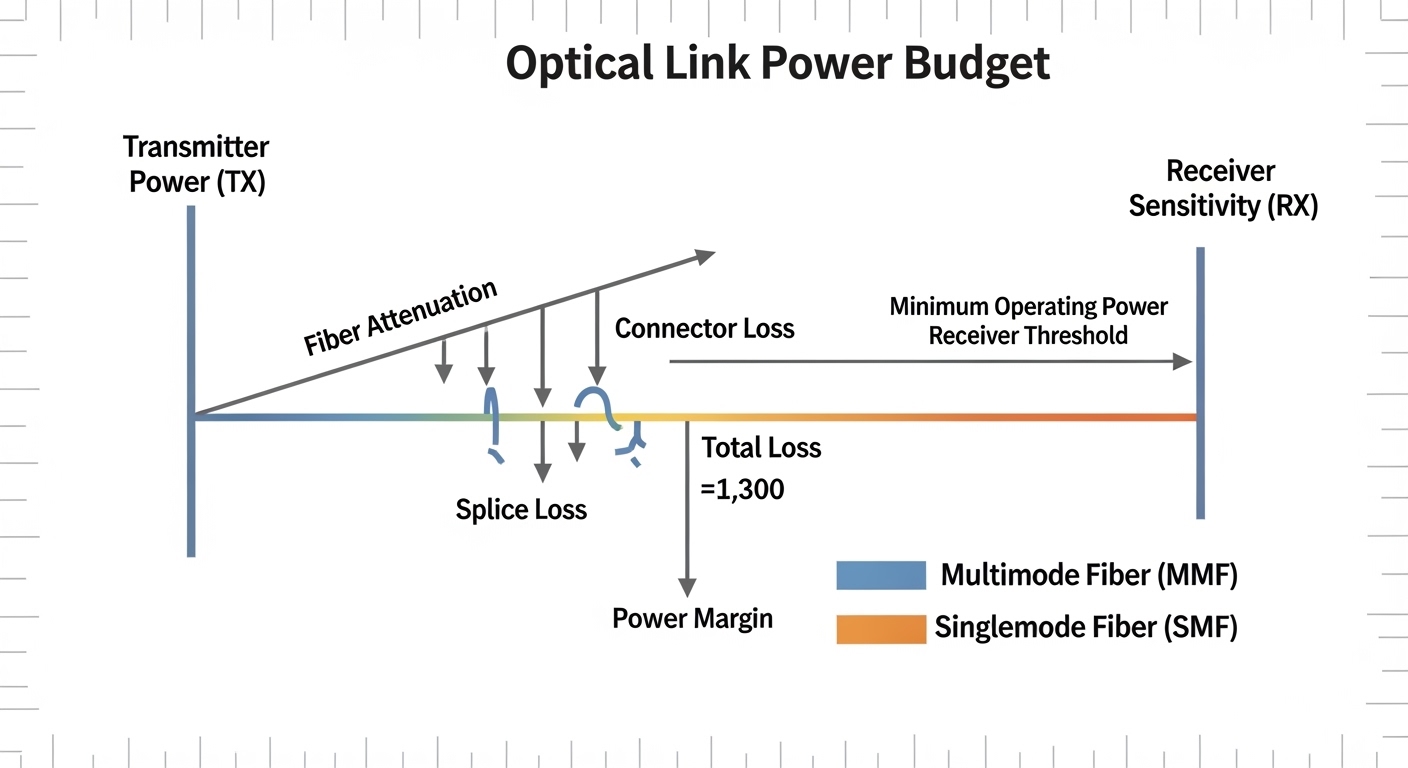 An infographic illustration showing an optical link power budget diagram, with arrows for transmitter power, fiber attenuatio