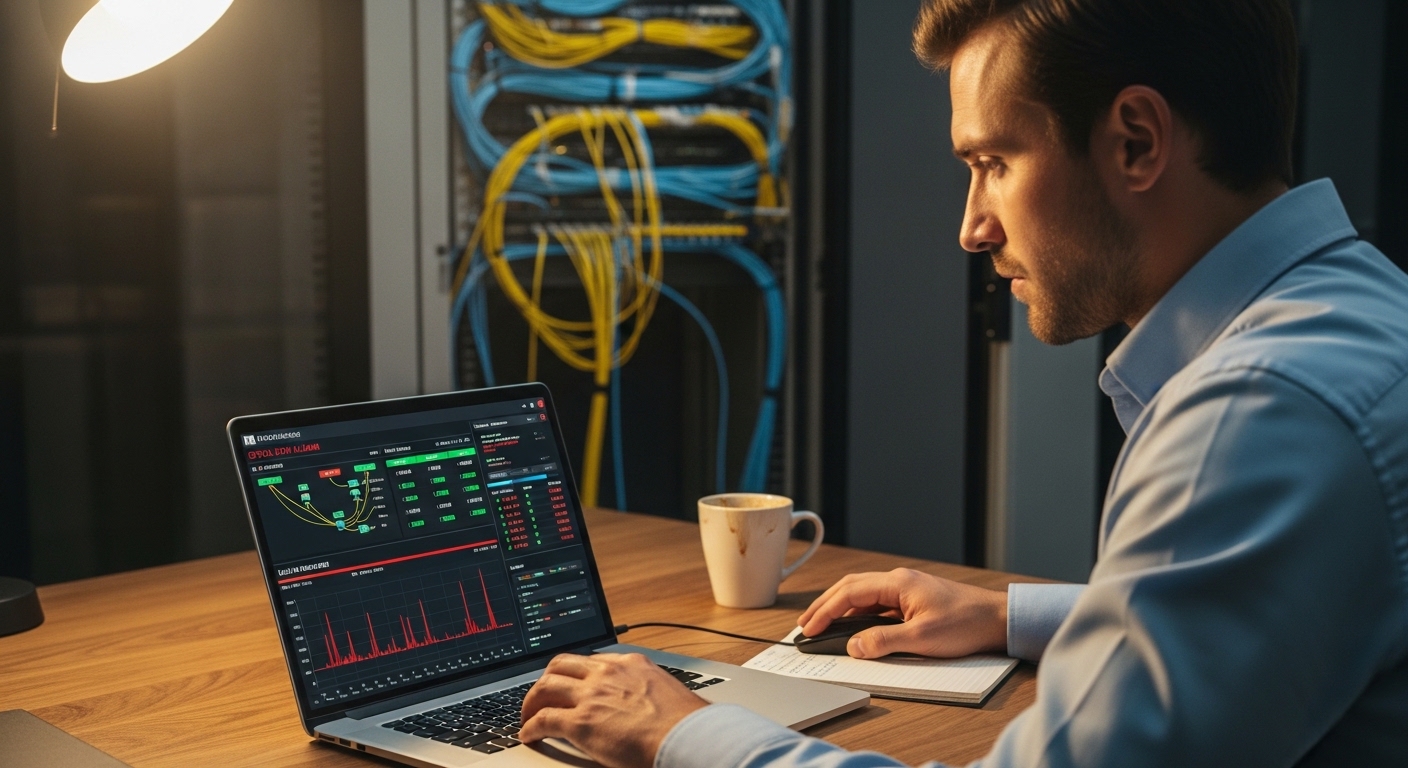 Lifestyle scene with a warm color palette; an engineer at a desk reviewing a network dashboard on a laptop showing optical DO