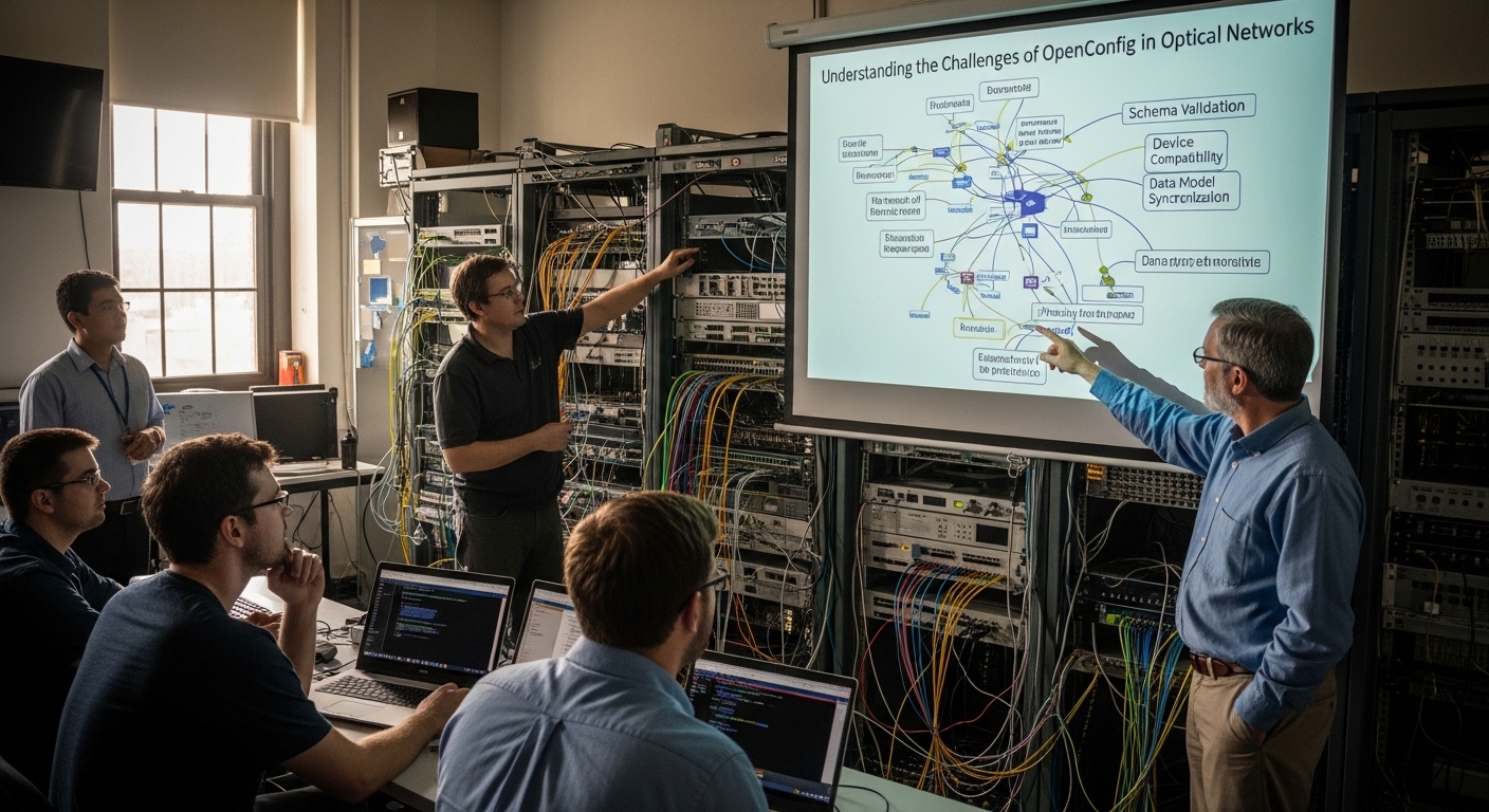 Documentary-style photo of challenges, Understanding the Challenges of OpenConfig in Optical Networks, natural lighting, auth