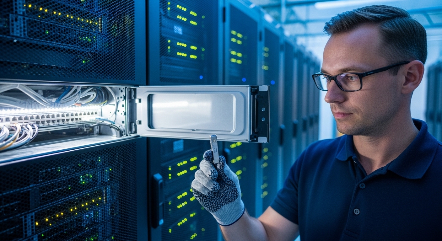 Photorealistic scene inside a modern data center row; a network engineer wearing ESD-safe gloves holds a 10G SFP+ transceiver