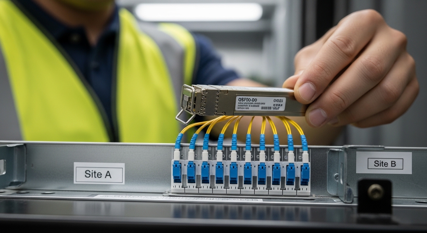 A high-resolution documentary photo of a network cabinet interior; a technician in safety vest holds a QSFP-DD 400G transceiv