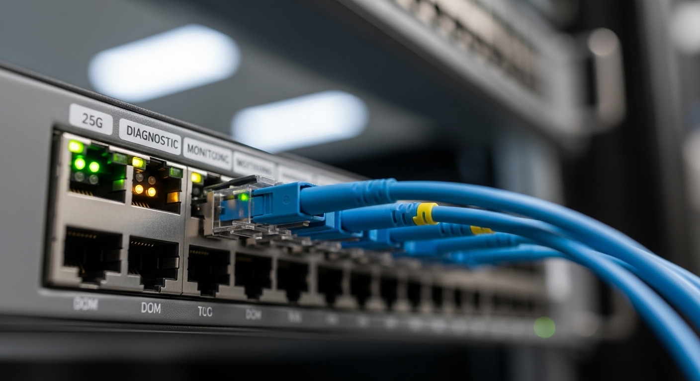 Close-up photography inside a data center rack showing a 25G server switch port with an AOC inserted, visible DOM status LEDs