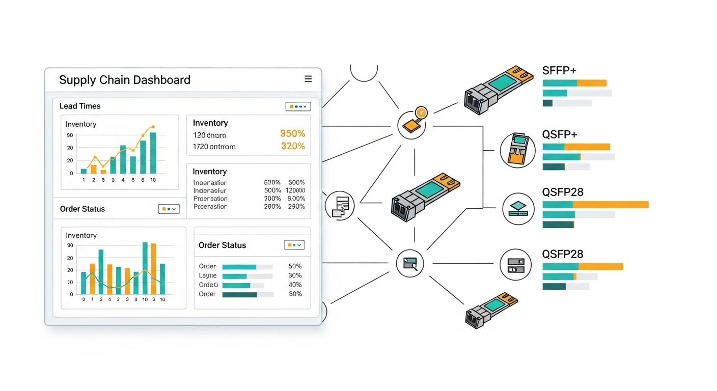 Conceptual illustration in flat vector style showing a supply chain dashboard connected to a network topology map; icons repr