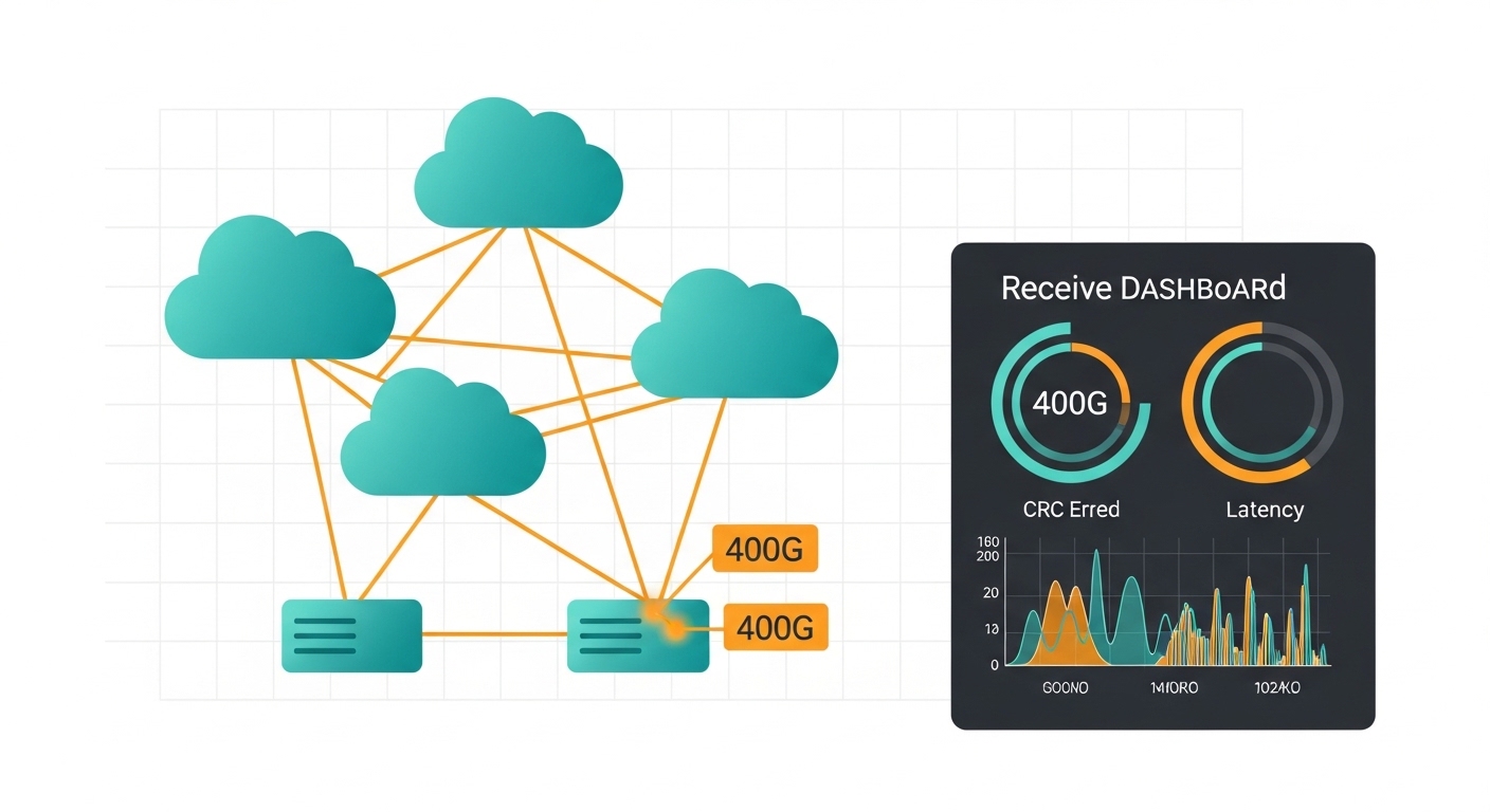 Minimalist vector illustration showing a network topology map for three clouds connecting to two data centers; highlighted li