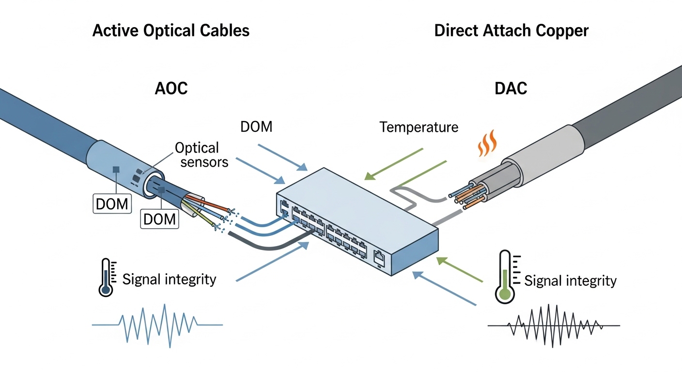 Illustration style diagram showing a side-by-side schematic of AOC (fiber inside a single cable, DOM sensors) and DAC (copper