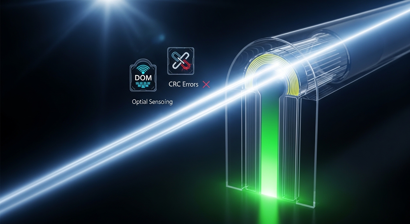 Concept art style scene with glowing light beams representing an optical link; a transparent fiber cross-section shows attenu