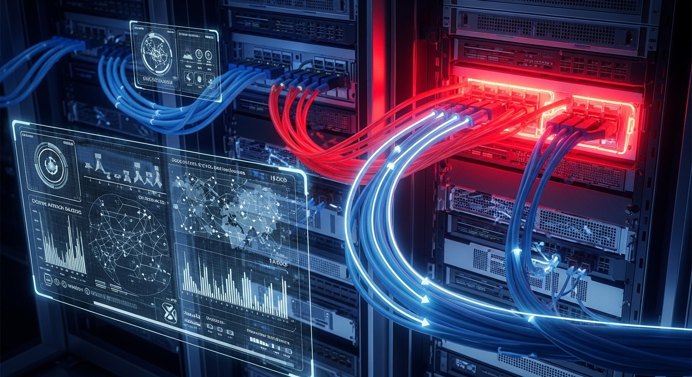 Concept art style showing a thermal map overlay on a network rack, with copper DAC highlighted in red zones near airflow bloc