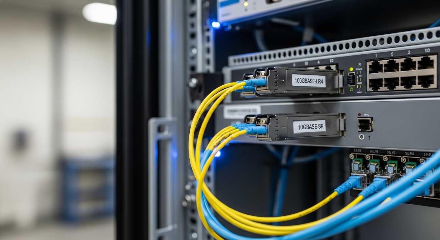 Photorealistic close-up of an industrial edge cabinet with open door, showing a network switch chassis, two pluggable optical
