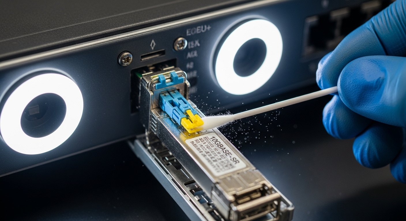 Close-up photography of an open network switch SFP+ cage with a 10GBASE-SR transceiver removed, showing an LC duplex fiber co