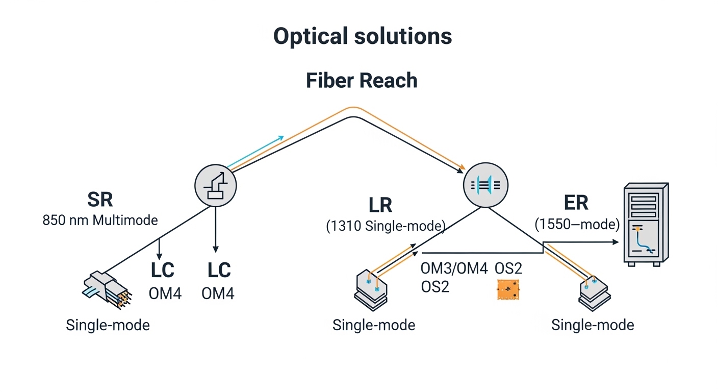 Clean vector illustration of a fiber reach decision tree for optical solutions, showing SR (850 nm multimode), LR (1310 nm si