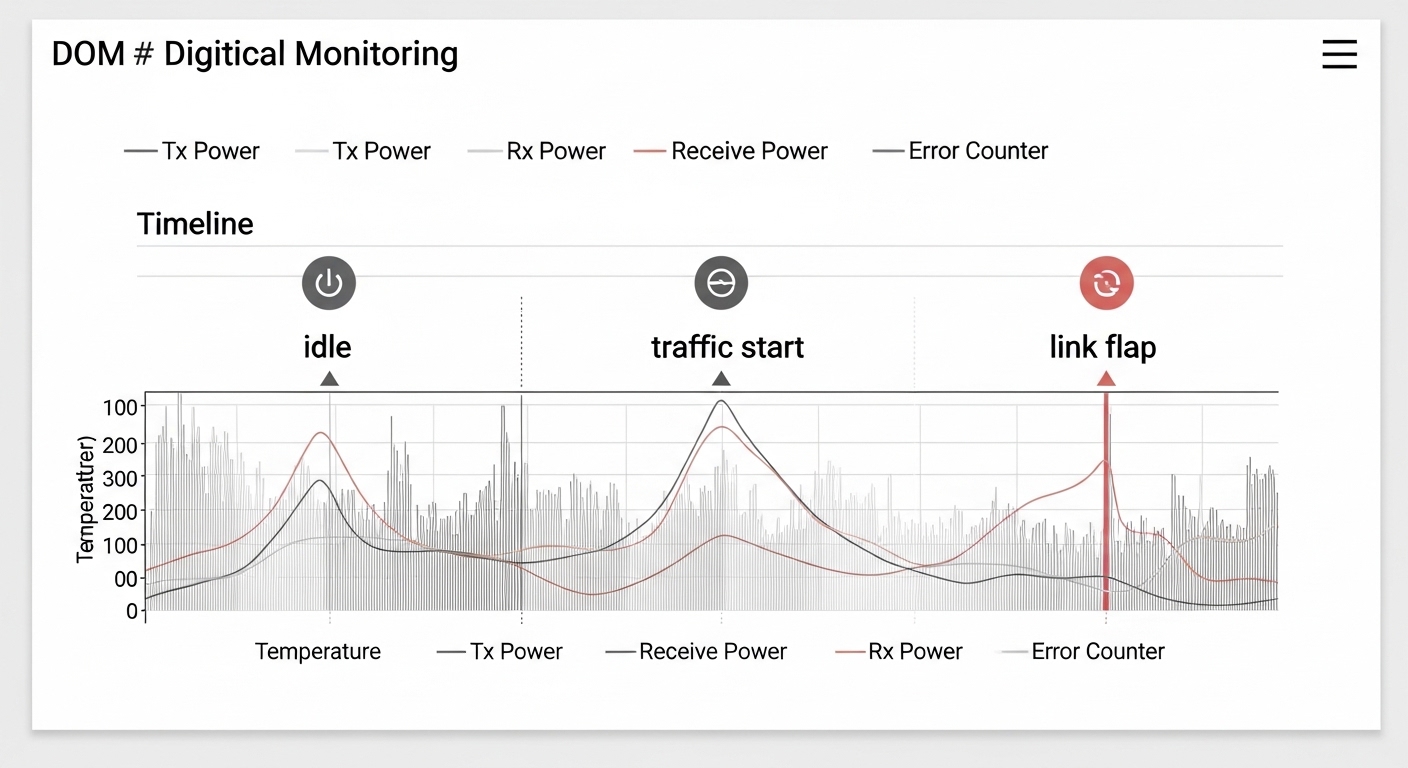 Vector illustration concept showing a DOM dashboard timeline with temperature, Tx power, Rx power, and error counters plotted