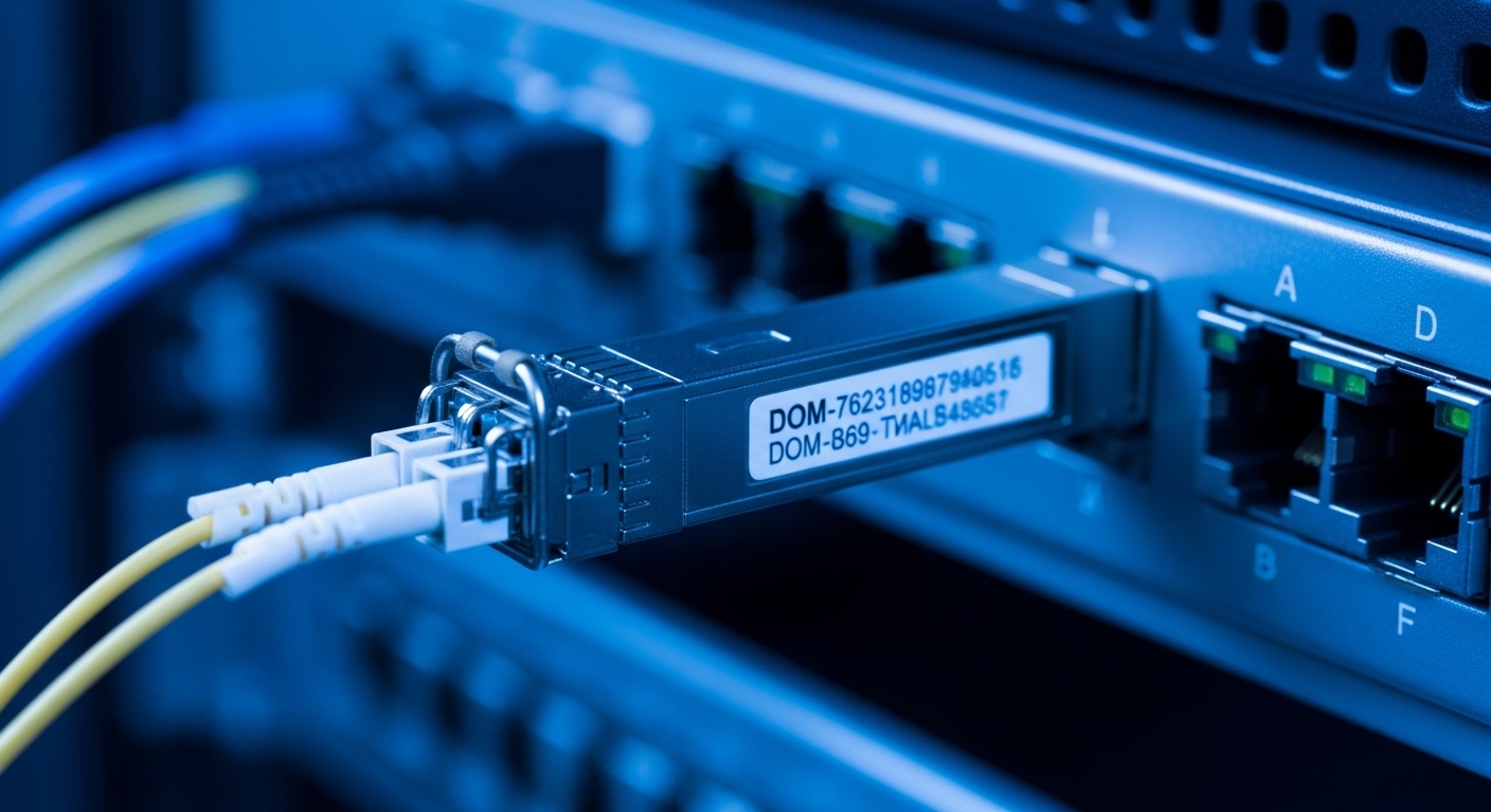 Photorealistic close-up of an SFP+ optical transceiver installed in a switch port, showing the LC connector and visible DOM l
