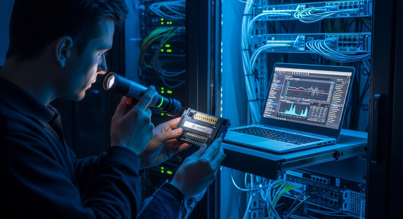Lifestyle photo of a server room night shift, showing a rack with fiber patch panels and a laptop open to a monitoring dashbo