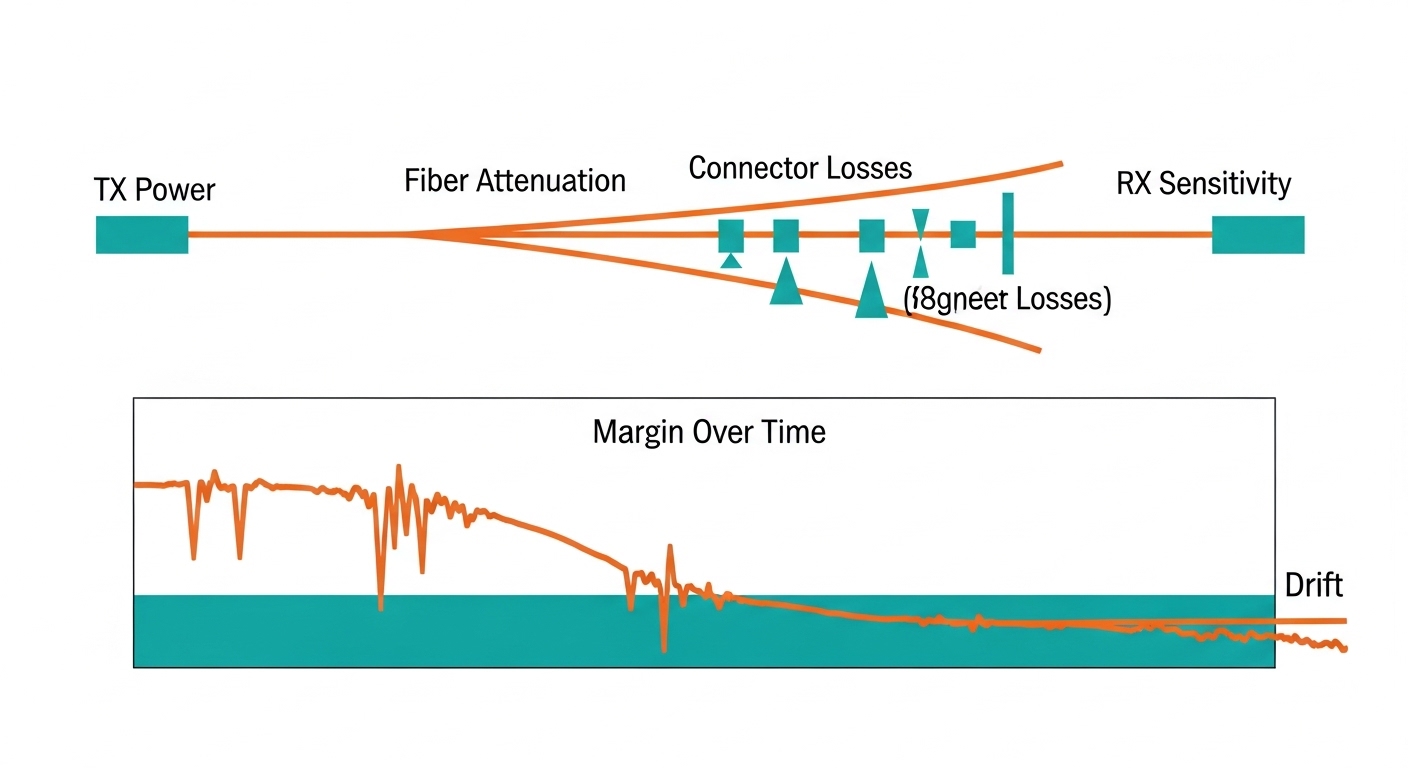 Illustration-style concept diagram of an optical link budget, showing TX power, fiber attenuation, connector losses, RX sensi