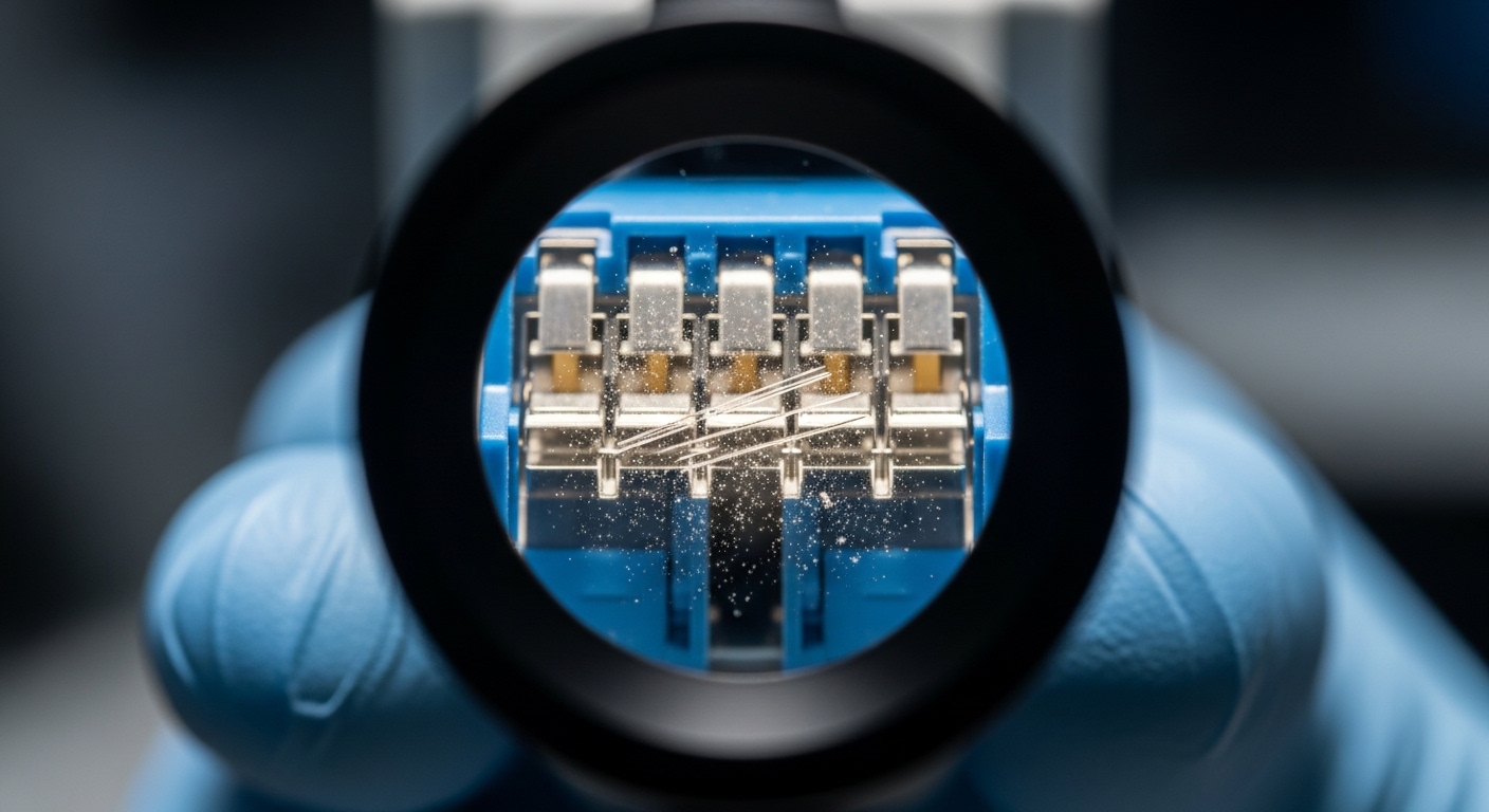 A macro photography style scene of an MPO/MTP fiber connector tip under a handheld inspection microscope, showing visible dus