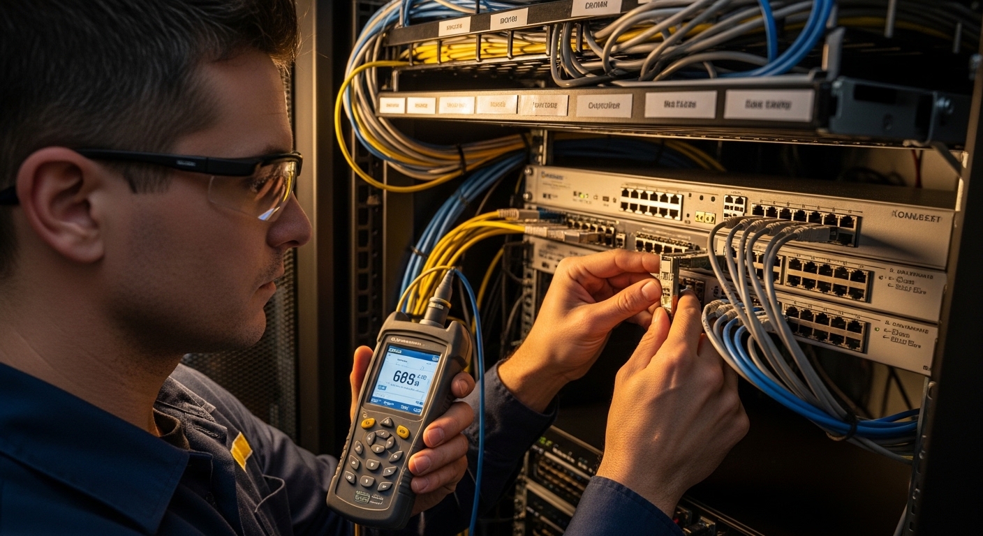 Lifestyle server-rack scene with a field engineer holding a handheld optical power meter and checking a transceiver, candid d