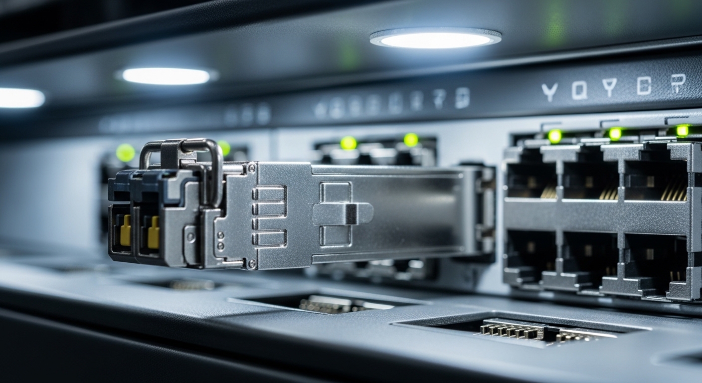 A photorealistic close-up of a QSFP56 transceiver inserted into a data center switch port, showing the latch and fiber connec