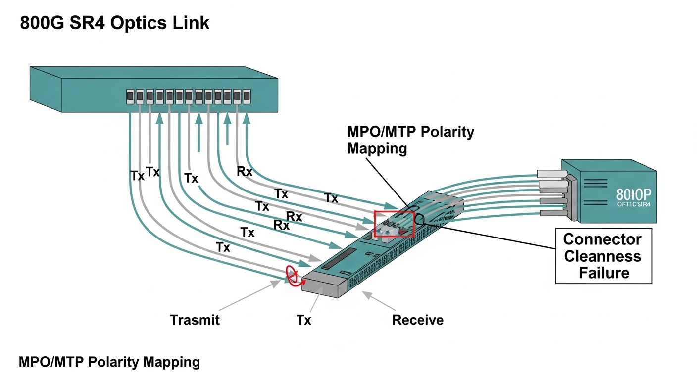 An engineering illustration style diagram showing an 800G SR4 optics link path with MPO/MTP polarity mapping, arrows for Tx a