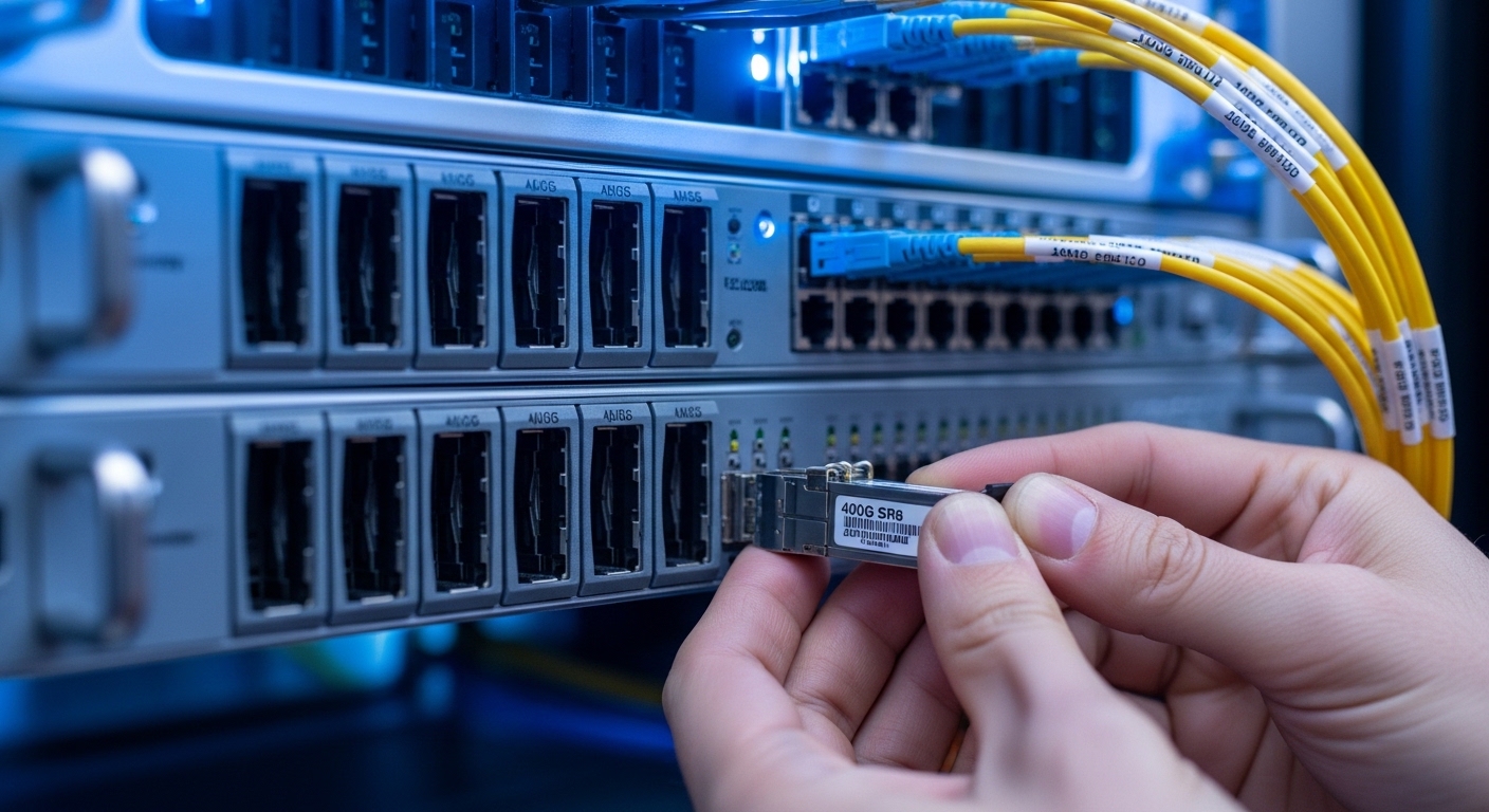 Photorealistic shot of a data center switch chassis with empty 400G QSFP-DD cages, a technician installing a 400G SR8 module 
