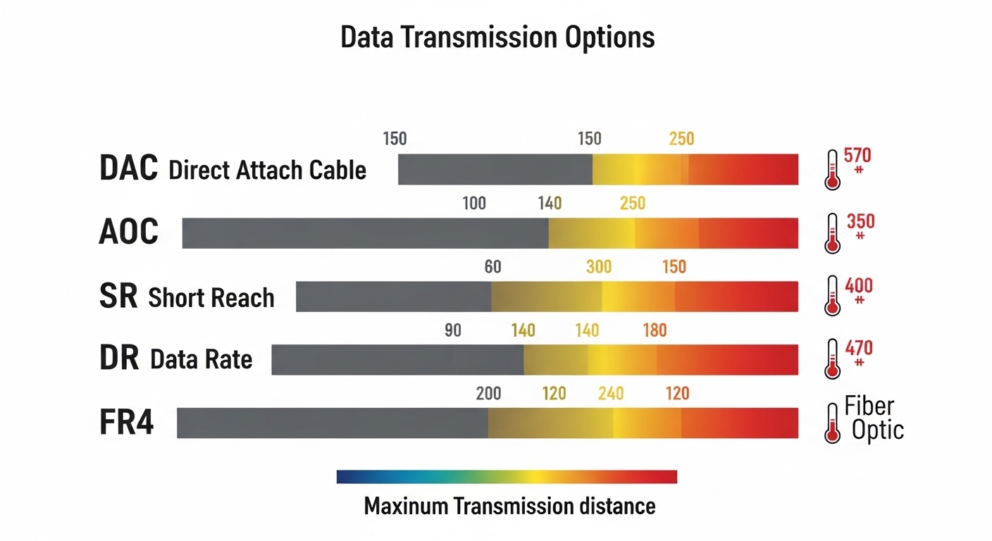 An infographic-style illustration comparing DAC, AOC, SR, DR, and FR4 options with color-coded distance bars and temperature 