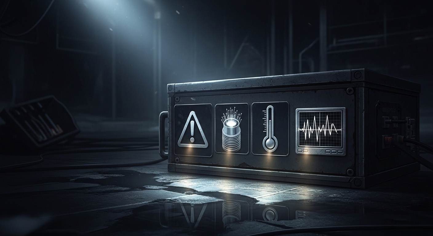 Concept art style scene of a “mystery box” labeled only by icons (warning triangle, fiber end, thermometer, oscilloscope) rep