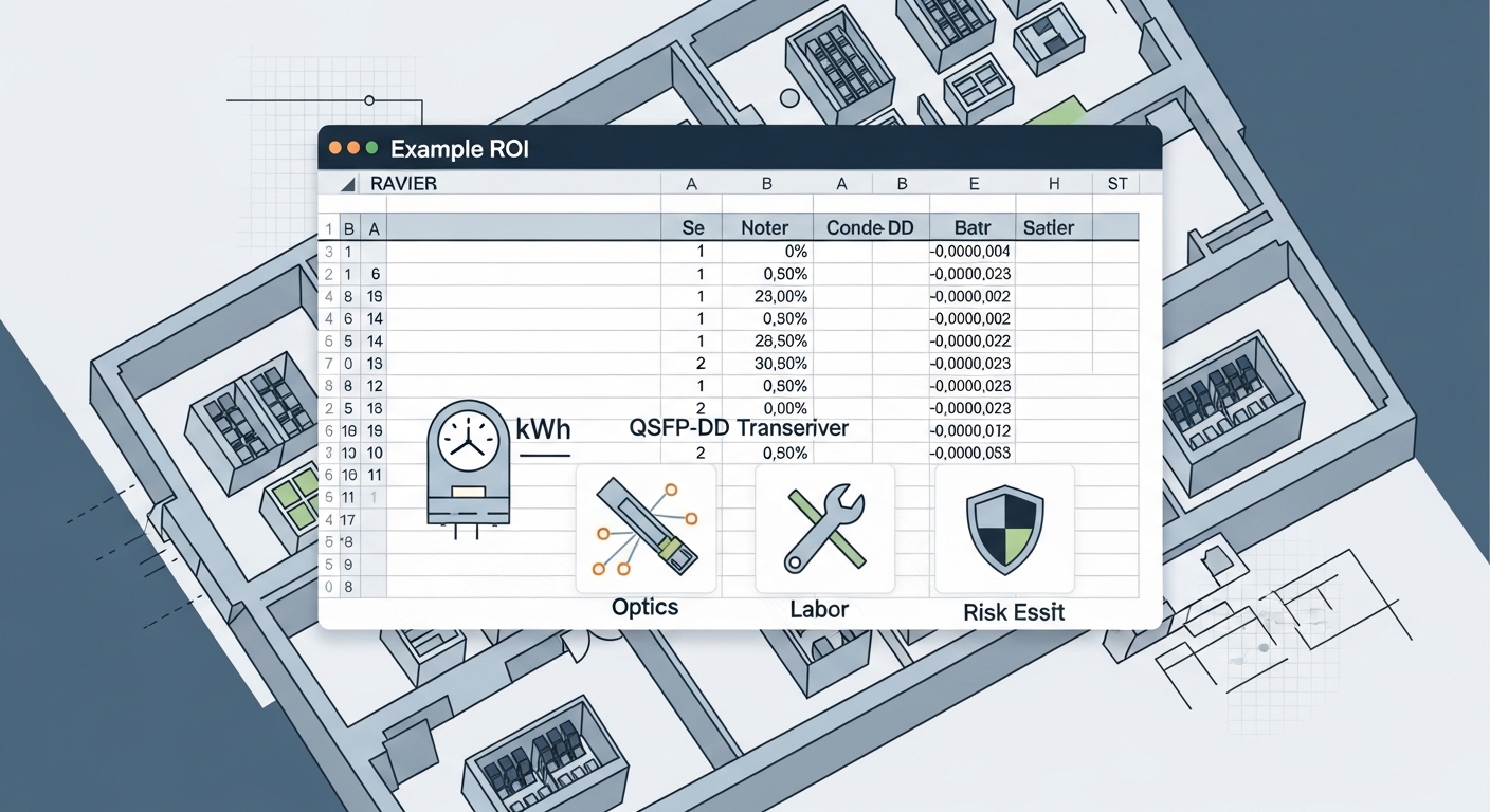 Conceptual illustration of a ROI spreadsheet overlay on top of a simplified data center floor plan; icons for power (kWh), op