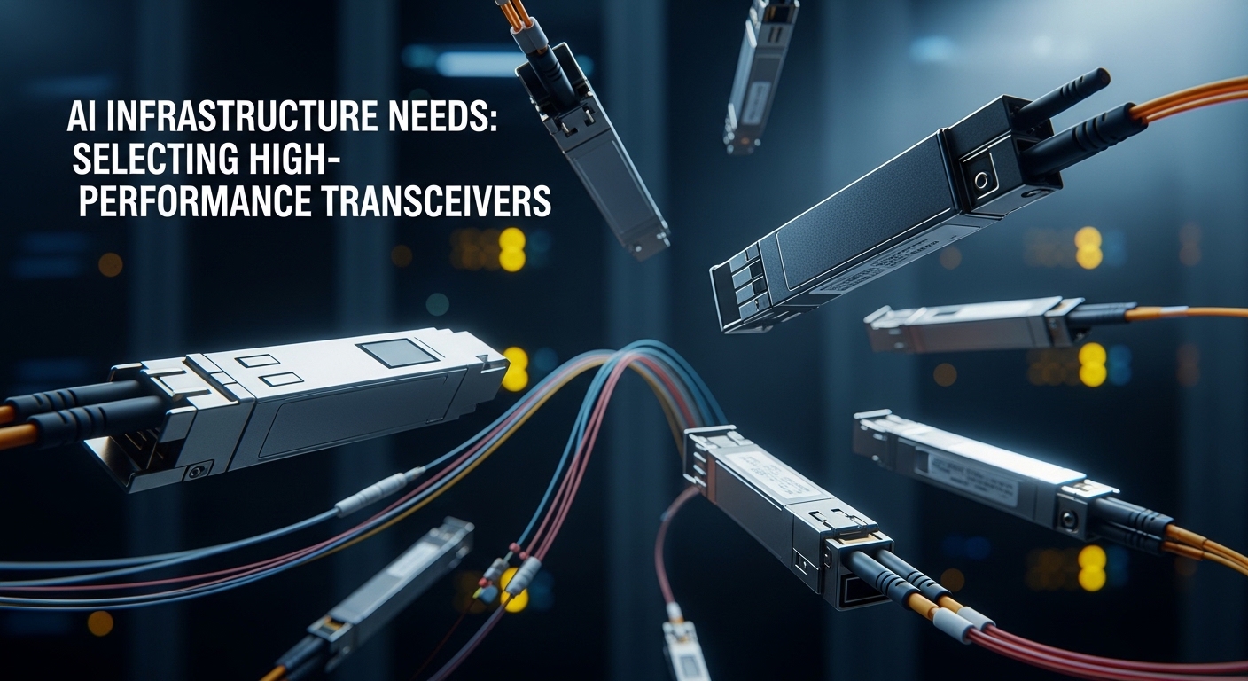 Cinematic editorial photograph of high-performance optics, AI Infrastructure Needs: Selecting High-Performance Transceivers, 