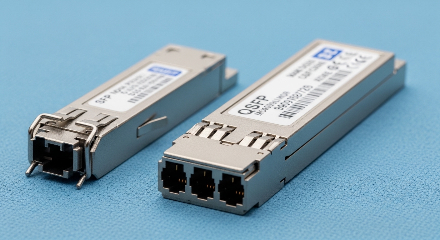Close-up macro photography of two telecom transceiver modules (one SFP and one QSFP) on an anti-static mat, connectors facing