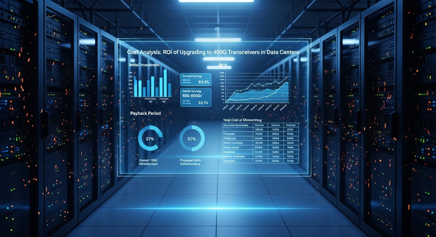Cinematic editorial photograph of cost analysis data center, Cost Analysis: ROI of Upgrading to 400G Transceivers in Data Cen