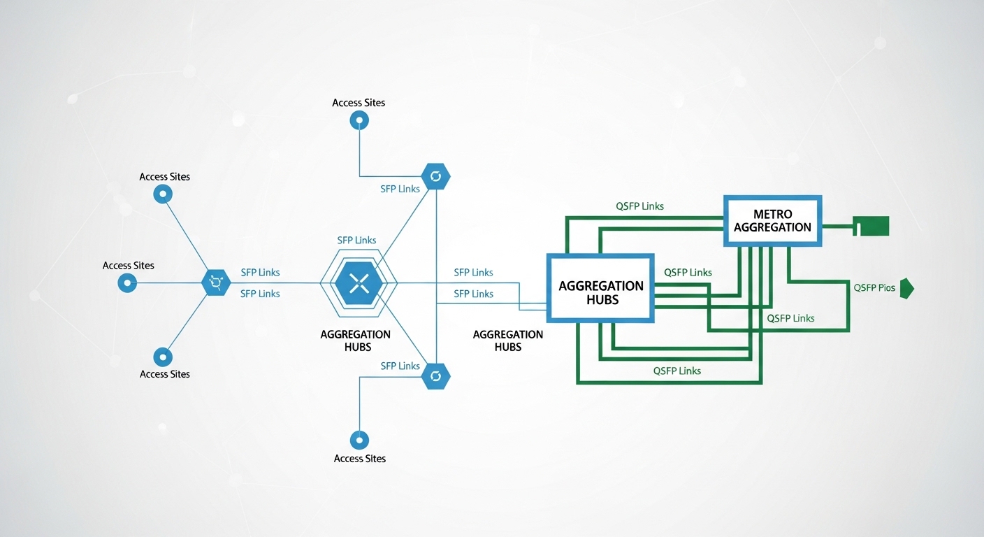 Vector illustration concept art showing a telecom network topology map: access sites feeding aggregation hubs using SFP links