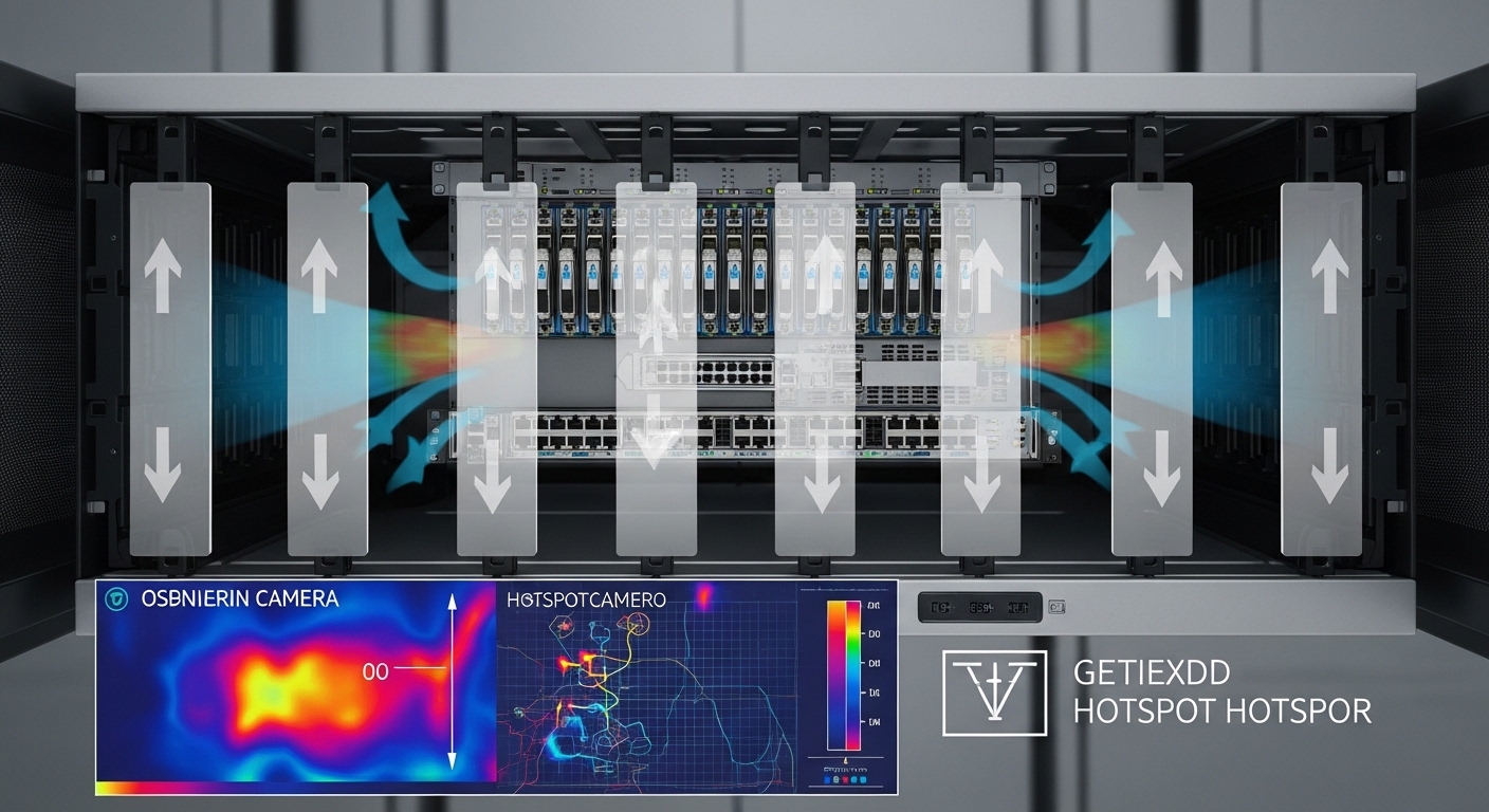 High-resolution photography of a server rack in a contained hot aisle, showing a top-down view of a switch with many QSFP-DD 