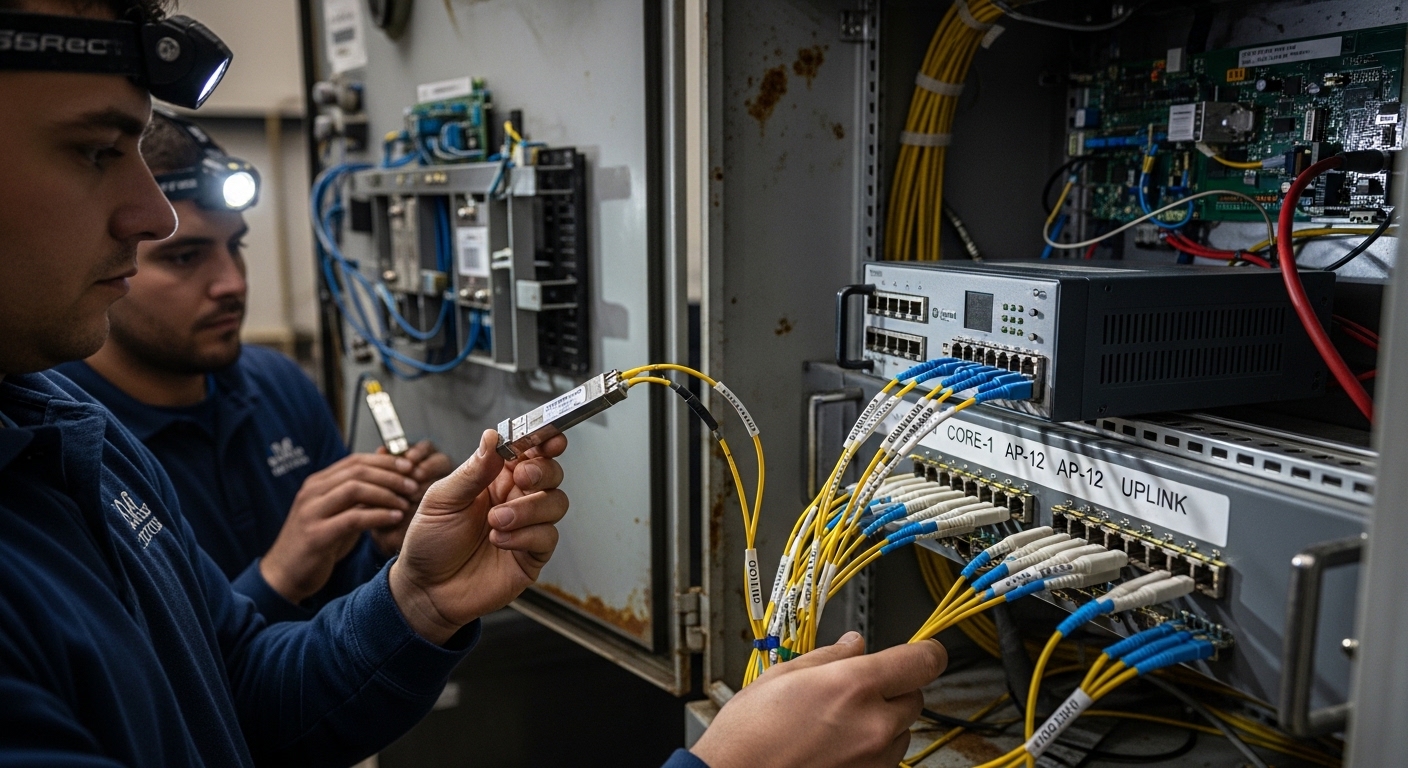 A realistic on-site photograph inside a fiber distribution enclosure at an edge site, showing two technicians installing rugg
