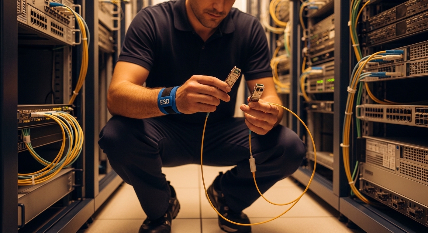 Photorealistic lifestyle scene of a field engineer kneeling in a telecom equipment room, holding a QSFP module and a fiber pa