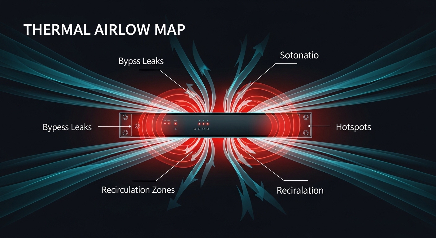 Concept art illustration of a “thermal airflow map” around a switch front panel, with translucent color-coded airflow streams